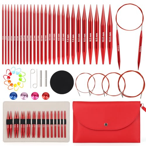 Aeelike Aiguilles à Tricoter Circulaires Interchangeables avec étui et Accessoires, 13 paires d'aiguilles Interchangeables avec 4 Câbles, Kit de Tricot Circulaire pour Débutants