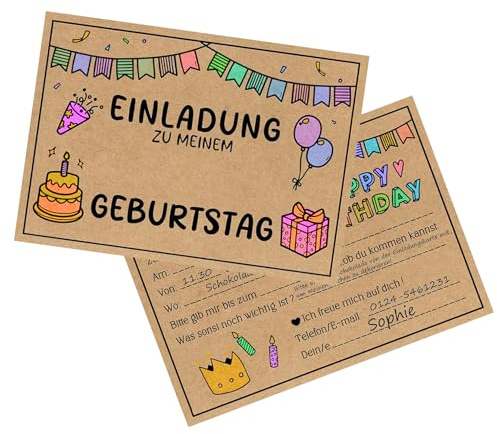 HSYWSH 15 Inviti Compleanno Bambini Biglietti d'invito per il compleanno dei bambini,Biglietti Invito per festa Bambino in carta kraft, inviti per festa di compleanno per ragazzi e ragazze (Marrone)