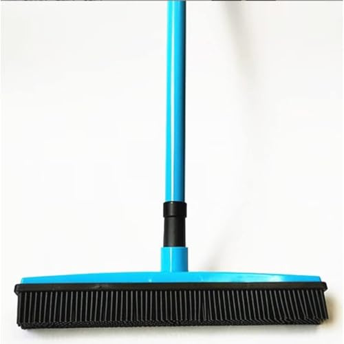 Rubber Bristle Broom with Squeegee Telescopic Handle Electrostatic Carpet Brush for Pet Hair Dust Spills Non Scratch Floor Sweeper for Hard Floors Rugs (Blue)