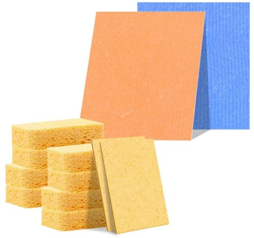 Esponjas de Lavado, 10 Paquetes de Esponjas de Limpieza Emergentes de Celulosa Natural y 2 Paquetes de Paños de Platos Pulpa de Madera Comprimida para Limpiar Sin Arañazos para el Hogar de la Cocina