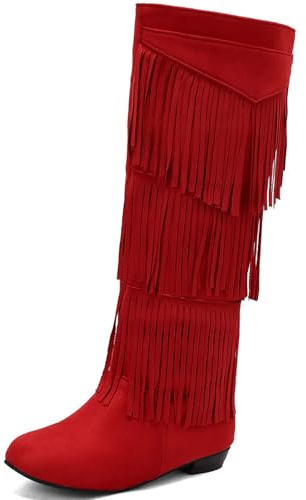 CuteFlats Botas hasta la rodilla para mujer planas | Botas con flecos multicapa con temática bohemia Eventos Comodidad diaria, rojo, 40 EU