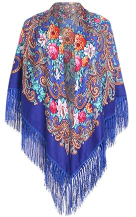 Écharpe traditionnelle pour femme avec pompon motif floral Poncho imprimé Pavlovo russe Pawlovo Foulard Foulard à franges Foulard de tête Foulard rétro Tenues formelles décontractées