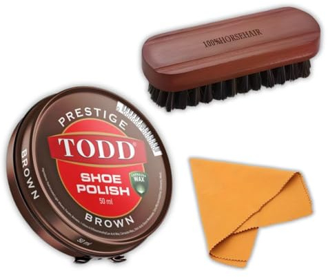 VIREXLO Todd Prestige Brown 50ml Shoe Polish Kit for Leather Footwear Bundled With Wooden Horsehair Shoe Brush and Cloth for Professional Shoe Shine and Boot Polish Care