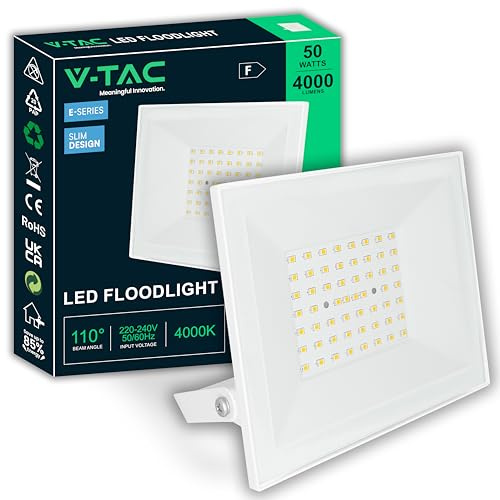 V-TAC Faro LED da Esterno 50W Bianco - [ E-Series - Alte Perfomance, Bassi Consumi ] - 4000 Lumen - Super Slim Design - IP65 - Proiettore Casa, Garage, Magazzino - Impermeabile - Luce Naturale 4000K
