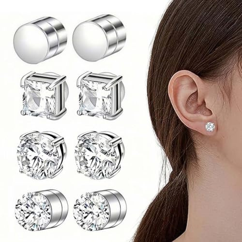 MKEAWWU Orecchini Magnetici Uomo, 4 Paia (8 Pezzi) Acciaio Inox, 8 Mm, Argento, Stile Punk Con Cz, Non Forati