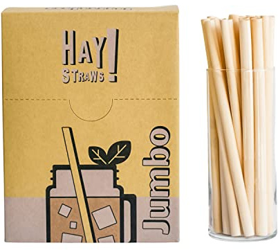 HAY Compostable Drinking Straws 8 Inch Jumbo for Smoothies Milkshake Iced Coffee - 250 Count Biodegradable Never Soggy Plant Based Disposable Eco Friendly - Plastic Free Reed Stem Natural Tall Straws