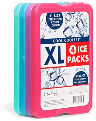 Cool Coolers by Fit & Fresh 4 Pack XL Slim Ice Packs, Quick Freeze Space Saving Reusable Ice Packs for Lunch Boxes or Coolers, Multi