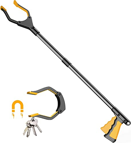 YAUNGEL Outils de Ramassage，Pince telescopique，Pince à ordures, Long bâton de grappin de 81 cm avec poignée Solide à Pointe magnétique, Tête légère rotative à 90° pour Les ordures, Orange