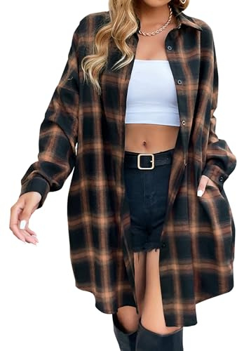 Blooming Jelly Women's Button Down Flannel Shirts Plaid Shacket Long Sleeve Collared Long Jacket Coats（XLarge,Brown Plaid）