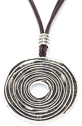 NILUXE DESIGN - Große Halskette mit Anhänger aus Leder und Zamak, versilbert- Spiralanhänger – Keltische Damenhalskette – Wendbarer Anhänger – Ethnischer Boho-Anhänger für Damen – Wirbelanhänger