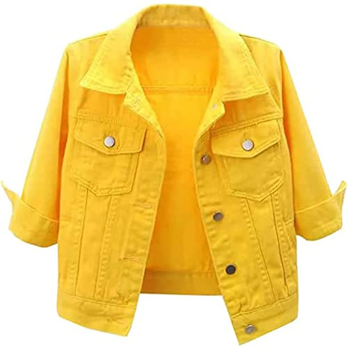 Kortärmad jeansjacka for kvinnor Casual Lapel Cropped Jean Jacka Ribbad Casual Ytterkläder (Color : Yellow, Size : M)