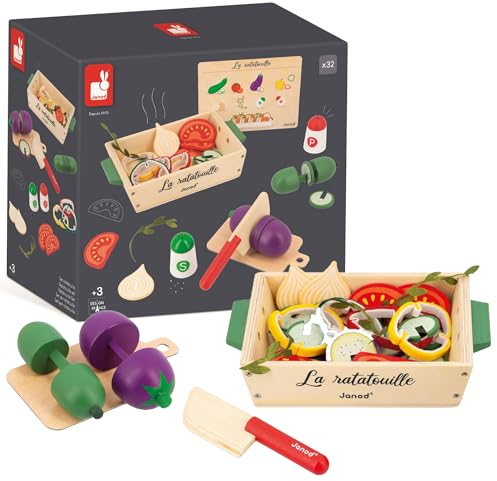 Janod Janod-Ratatouille-Spielset-32 Küchenzubehörteile-Rezept + Utensilien + Gemüse-Rollenspielzeug-Spielzeug aus FSC-Holz-Ab 3 Jahren, J06626, Mehrfarbig
