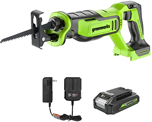 Greenworks 24V Brushless 1 Compact Reciprocating Saw (3,000 SPM), 2.0Ah Battery and Compact Charger Included