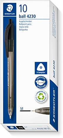 STAEDTLER dreikant retract Kugelschreiber, Schreibfarbe schwarz, Linienbreite M ca. 1,00 mm, für entspanntes Schreiben, 10 schwarze Kugelschreiber im Kartonetui, 4230 M-9