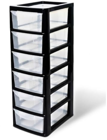 Khanary Plastic Storage Drawers Unit 6 Tier Small Mini Tower for Homes, Kitchen, Schools, Offices Desktop Table Top Drawer Organizer Stationary 26Dx19Wx60H Black Clear