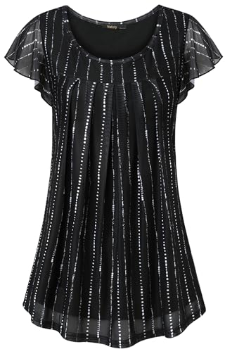 Vafoly Bluse Damen Elegant Streifenbluse Falten Tunika Kurzarm Sommer Oberteile Locker Festliche Blusen Top Mit Rüschenärmel Schwarz Streifen XXL
