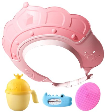 Cuffia da doccia per bambini, cuffia da bagno, visiera da bagno, con indicatore della temperatura 'acqua e bicchiere per shampoo, berretto da visiera di sicurezza con spazzola per shampoo