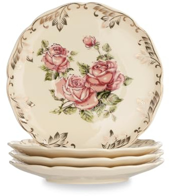 YOLIFE Set di 4 piattini da tè in stile vintage con motivo floreale, color avorio, 14,7 cm, con bordo in oro e foglie dorate, ideali per feste del tè
