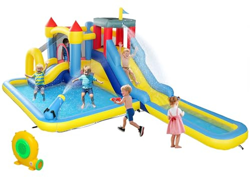 AIYAPLAY Castello gonfiabile con galleria del vento 6 in 1 parco acquatico struttura gonfiabile, scivoli, trampolino, parete da arrampicata, cannone, cestino da basket, all'aperto e al coperto, fino a