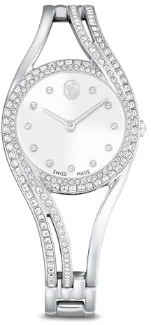 Swarovski Hyperbola Armreifuhr, Silberfarbene, Analoge Armbanduhr im Edelstahl-Design mit 176 Klaren Kristallen im Princess- und Rundschliff, Armbandlänge 13.3-18.7 cm, Armbandbreite 1.1 cm