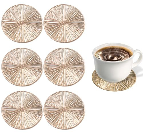 Stylish Coasters Set of 6 – Gold Round PVC Drink Coaster, Reusable Cup Coaster for Cold Drinks and Hot Beverages, Non-Slip Outdoor Coasters for Garden Tables and Patio Use, Beer Mats for Home Bar