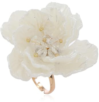 Anillo de flor de nácar elegante camelia cerezo blanco anillo ajustable para mujer, joya de boda, fiesta o vacaciones, perla artificial y diseño cómodo accesorio