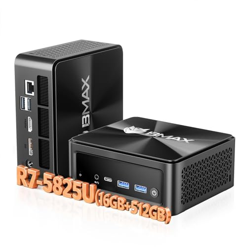 BMAX B5Apro Mini PC, AMD Ryzen 7 5825U (hasta 4,5 GHz), B5A Pro Mini Ordenadores de sobremesa 16GB RAM DDR4 512GB NVMe SSD, HDMI/Type-C/DP/WiFi 6/para Oficina, Ordenador Pequeño, Desktop PC