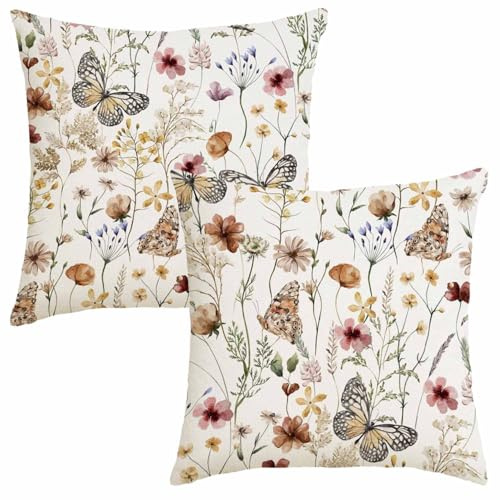 Avalune Federe Cuscini Divano 40x40 cm Farfalla Fiori Primaverili Fodere Cuscino Acquerello Decorativi Copricuscini per Letto, Soggiorno, Giardino, Esterno, Casa Decorazione Set di 2