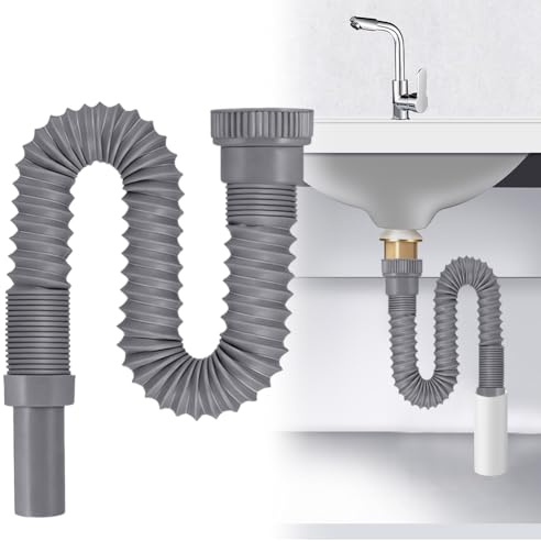 Tubo di scarico flessibile G1 ½ con filo di acciaio rinforzato, estensibile, 350-760 mm, sifone/sifone per cucina e bagno, lavandino (grigio)
