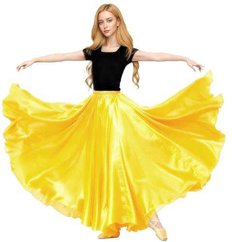 Baisdan - Gonna in Raso per Danza del Ventre, Costume da Festival, Gonna Lunga e Ampia, Giallo, Taglia Unica
