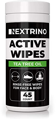 Tea Tree Oil Active Wipes [45 Ct] Cleansing Face and Body Wipe for Men and Women - Biodegradable & Rinse Free: No Shower, No Bath, No Problem - Gym Friendly Travel Container