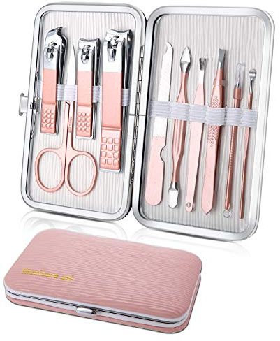 Manicure Set, Travel Mini Nail Clippers Kit Pedicure Care Tools, 10pcs Stainless Steel Grooming kit (Pink)