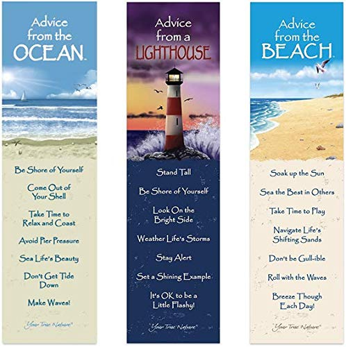 Your True Nature Advice 3 Bookmark Coast Set, Laminated with Glossy Finish, Printed on Recycled Paper, Ocean, Lighthouse, Beach (AMBM-Coastal)