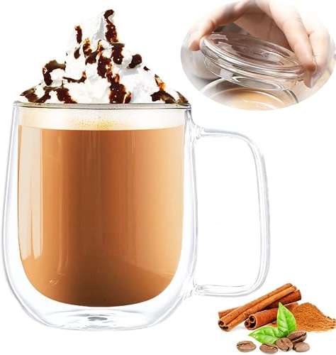 NC Tazas de café de cristal transparente con asa, Copa de café de doble pared, Tazas de café resistentes al calor, con tapa, para capuchino, café con leche, té, leche, cerveza, jugo, espresso