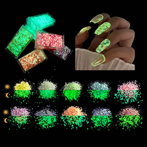 10 Color Festival Glitter Eye Body Glitter Glow in The Dark, Luminous Hexagons Chunky Sequin for Acrylic Nail Hair Face Resin Art Crafts, Hexagons Flakes Makeup Artist for Cosmetic Festive Decoration