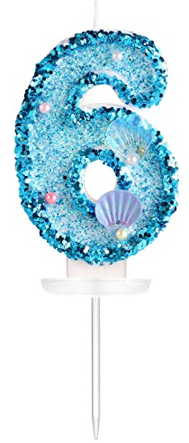 KINBOM 7,5cm Födelsedags Ljus, Blå Glitter nummer ljus Tårta Topper Skal Paljetter Tårta Sifferljus Number Candles för Födelsedag Jubileum Sjöjungfrutemafest (Nummer 6)