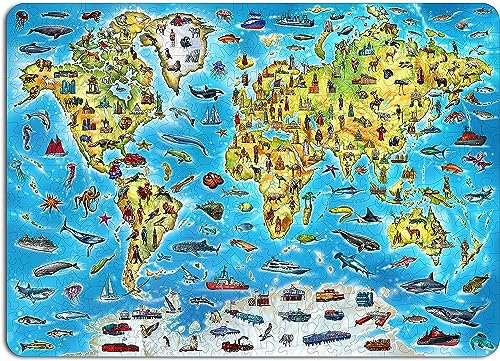 EWA Eco-Wood-Art Puzzle World MAP Bunte Klassische Holzpuzzle mit ungewöhnlich geformten Elementen, die das Zusammenbauen noch lustiger Machen
