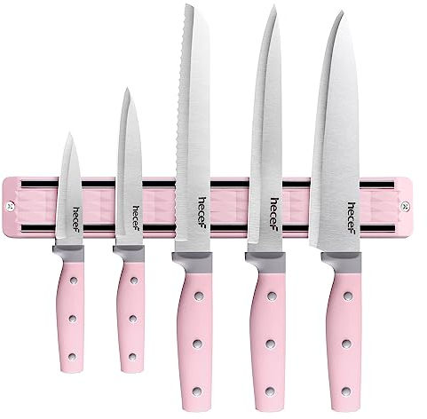hecef 5 Piezas Cuchillos Cocina con Imán Cuchillos Organizadores(33 cm), Juego Cuchillos Cocina Profesional de Acero Inoxidable con Barra Magnetica Cuchillos (Rosa)