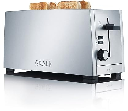 Graef 4 Slice Stainless Steel Toaster, Cool to Touch Heat Insulated Housing, Warming Rack, Bun Attachment, Cable Rewind, Extra Lift for Toast Removal, Defrost & Stop Button
