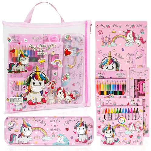 OFFCUP Einhorn Schreibwaren Set, 31pcs Geschenkset, Netz-Federmäppchen, Radiergummi, Notizbuch, Bleistiftspitzer, Lineal, Bleistift*2, 1 Schachtel mit 12 Buntstiften, 1 Schachtel mit 12 Buntstiften