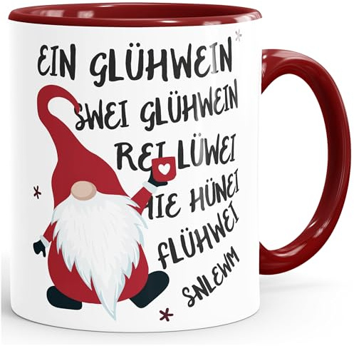 MoonWorks® Tazza con scritta in lingua tedesca Ein Glühwein Swei - Tazza per vin brulé, gnomo di Natale, regalo per ufficio, divertente tazza da caffè bianco e rosso bordeaux standard