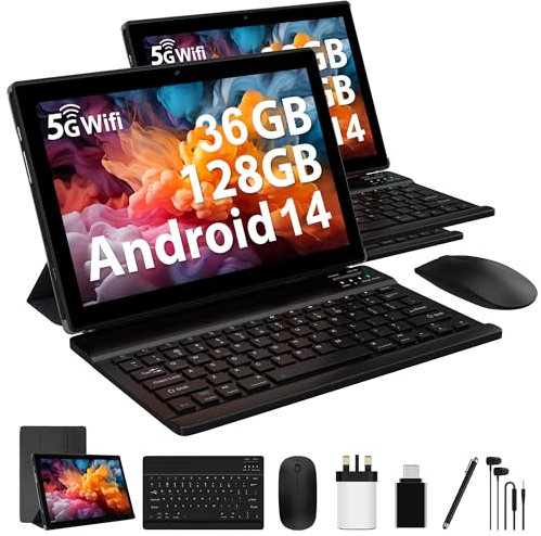 FLYCOAY Android 14 Tablet 10 Inch 5G WIFI 6, 36GB RAM+128GB ROM (TF 1TB),8000mAh,Dual Camera, BT5.0 /Type C/OTG/Tablet with Keyboard and Mouse(Black)