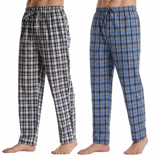 YUSHOW Lot de 2 Pantalons de Pyjama Homme en Coton, Carreaux Tartan, Léger et Respirant pour l'Été, Élastique avec Cordon de Serrage et Poches, Confort Décontracté,Noir à Carreaux+Bleu à Carreaux,M
