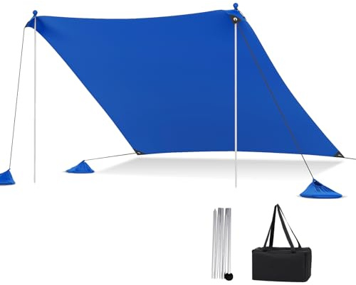 HOMASIS Tenda da spiaggia anti-UV per 1-4/4-8 persone, velo da ombreggiatura con 2 barre di supporto e borsa di trasporto, ancoraggi di sabbia e 4 sacchi di sabbia (blu, 230x