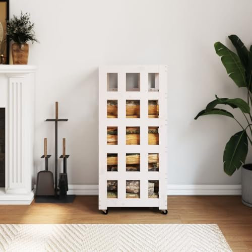 qohoio Log Holder with Wheels White 40x49x110 cm Solid Wood Pine-Firewood Holders Indoor Wood Stove Outdoor Fireplace Heavy Duty Wood Stacking Wood Storage Kit for Fireplace Tool