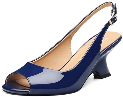 SKYSTERRY Women's Peep Toe Slingback Kitten Wedge Heel Sandals Low Heel Comfortable Sexy Dress Pumps Shoes for Wedding Party Evening 2.4 Inch, Navy Blue, 3 UK