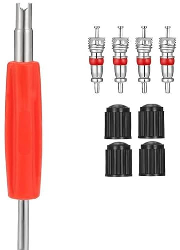 Tyre Valve Repair Kit, Car Tyre Valve Removal Tool Set, Dual Head Valve Core Remover, 4 Pcs Tire Valve Caps, 4Pcs Valve Cores, Fit for Car Bicycle Auto Easy Tire Maintenance