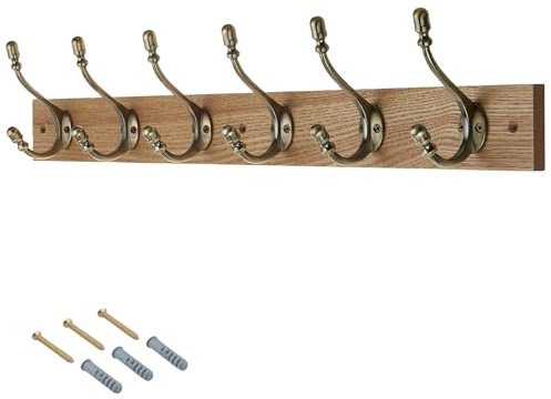 keypak Rustic Wall-Mounted Coat Rack 6 Hook Rail, 69cm, Handcrafted Dark Wood with Antique Brass Hooks for Coats, Towels & Bags
