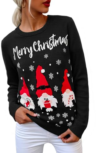 Terecey Pull de Noel Femme Amusant col Rond Pull Hiver Chaud à Manches Longues avec Motif Père Noël Flocon et Merry Christmas Sweater de Fête Original et Confortable