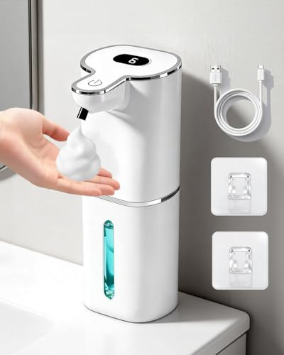 YOLIN 6-Stufig Einstellbare Schaumseifenspender Automatisch, Mit Digitalem Display, USB Wiederaufladbar no Touch Elektrischer Seifenspender Wandmontage mit Sensor, 380ml, IPX5, für Küche und Bad